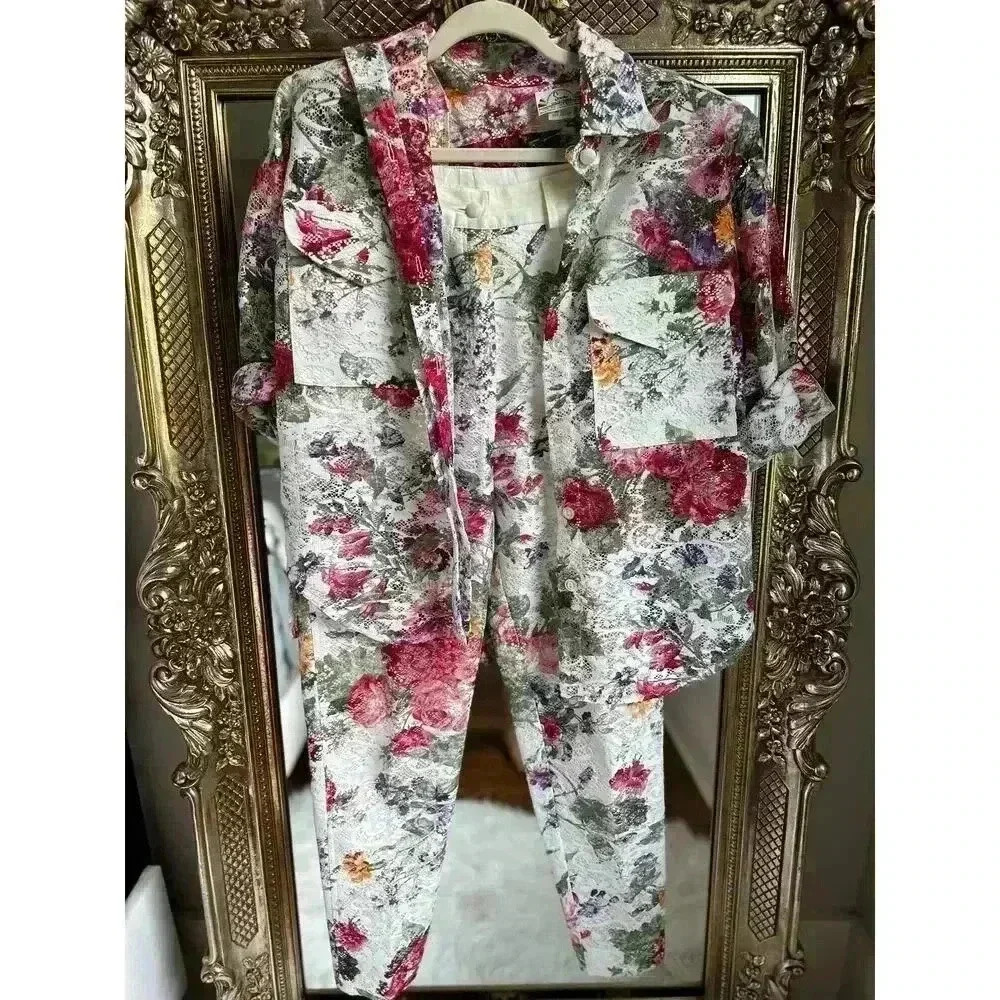 VINTAGE Sandro Collections FL Lace Floral Suit 80s 90s